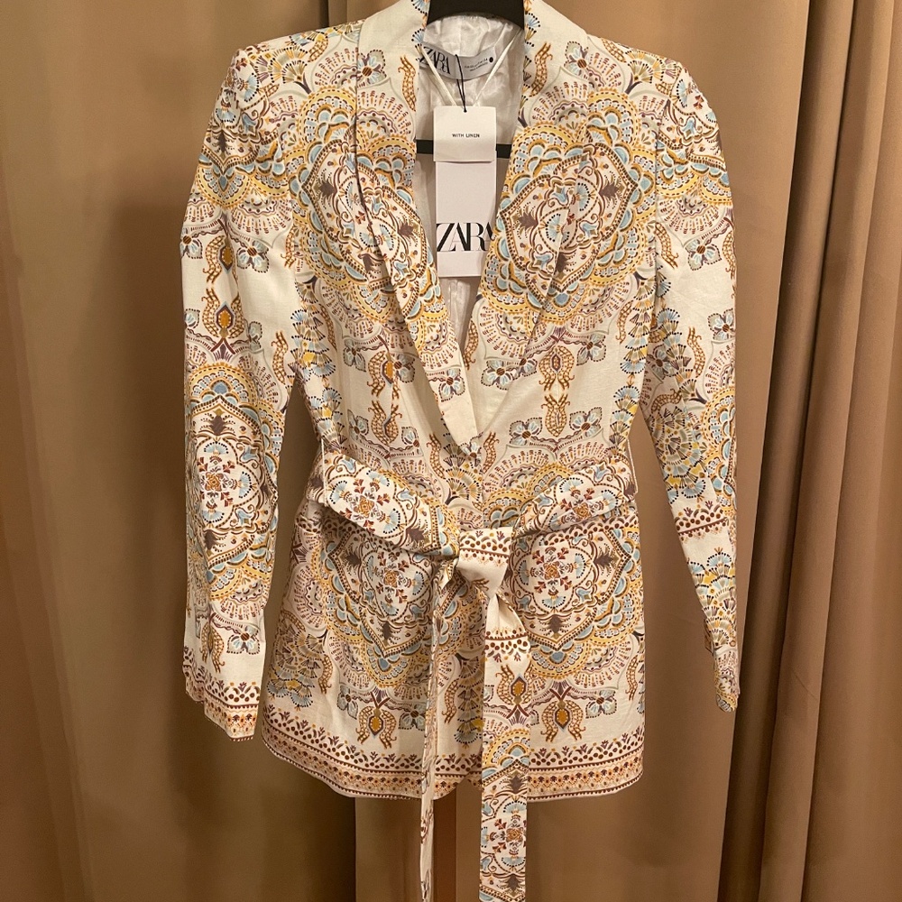 NEW! ZARA WOMAN PRINTED LINEN BLEND BLAZER + PANTS SET Size XS NWT! - Picture 11 of 15